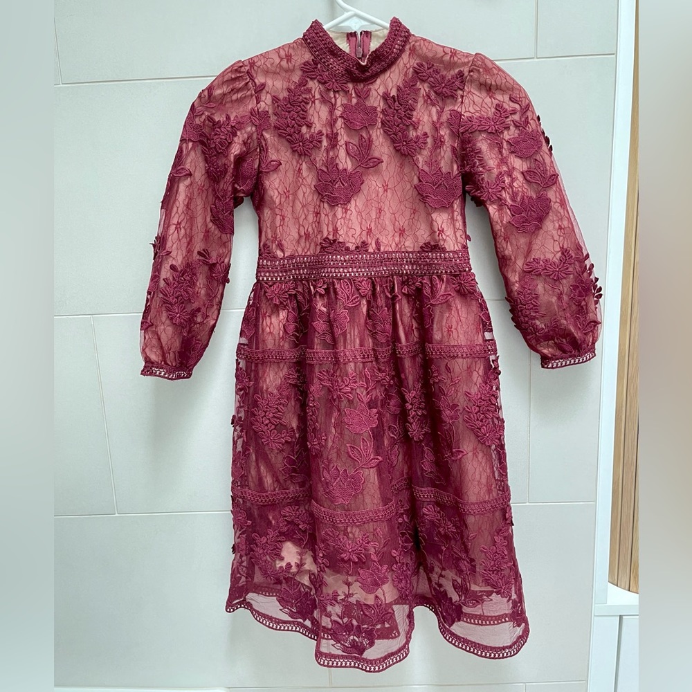 Girls' Burgundy Lace Floral Dress
